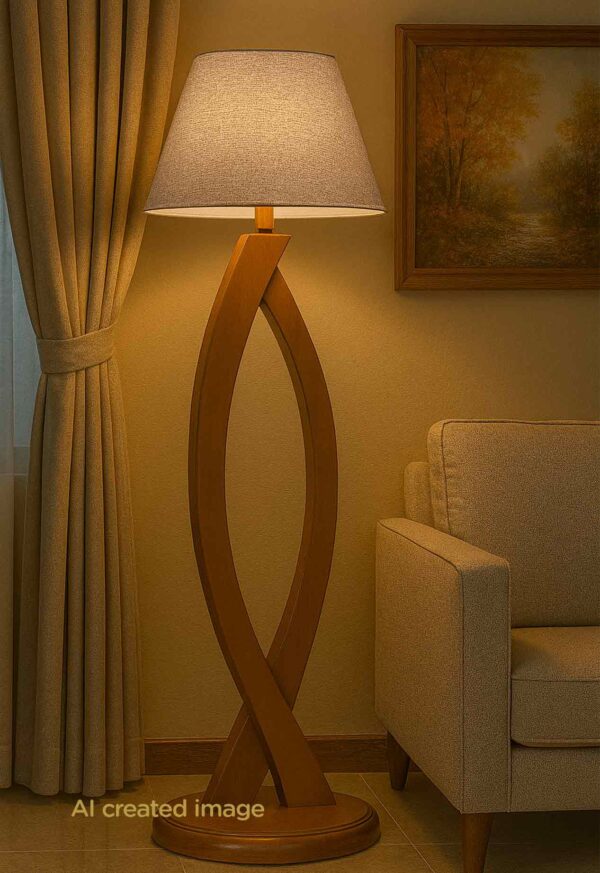 Wooden floor lamp model 611 with twisted sculptural base and wide fabric lampshade – modern decorative floor lamp for minimalist interiors- light on
