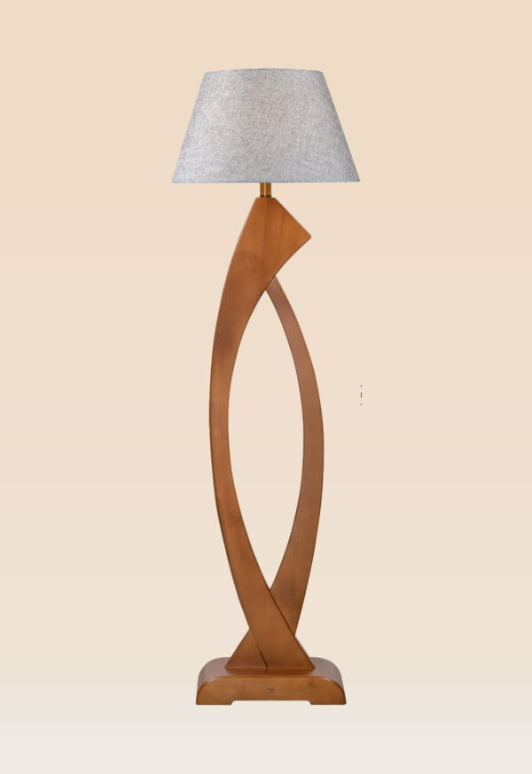 Wooden floor lamp model 611 with twisted sculptural base and wide fabric lampshade – modern decorative floor lamp for minimalist interiors