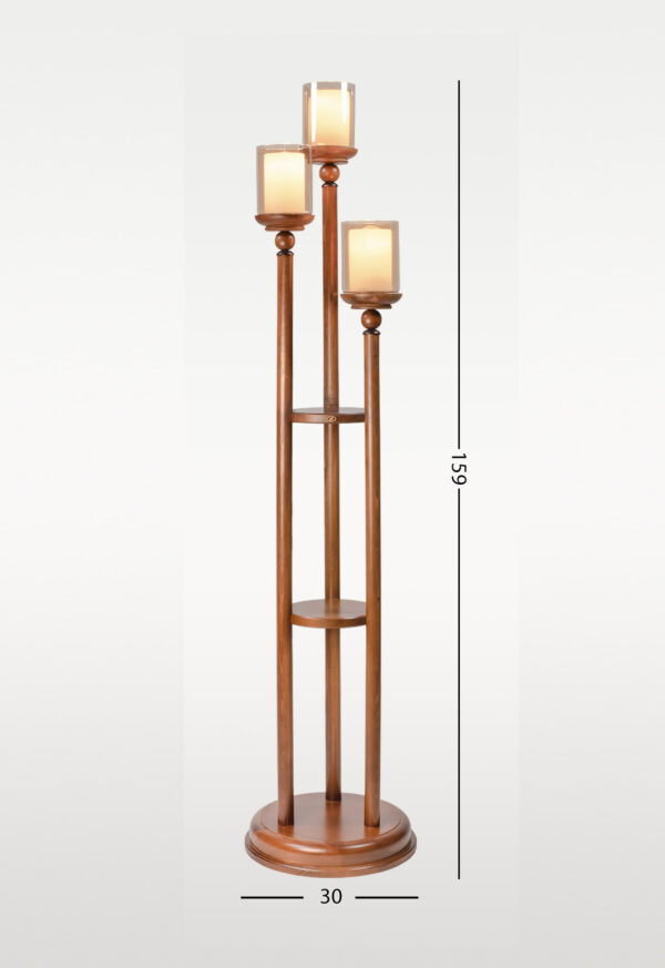 Wooden floor lamp model 612A with three frosted-glass shades and a central wooden shelf – tall decorative lighting piece for warm modern interiors -with size