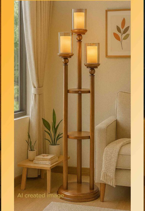 Wooden floor lamp-with three frosted-glass shades and a central wooden shelf – tall decorative lighting piece for warm modern interiors-light-on