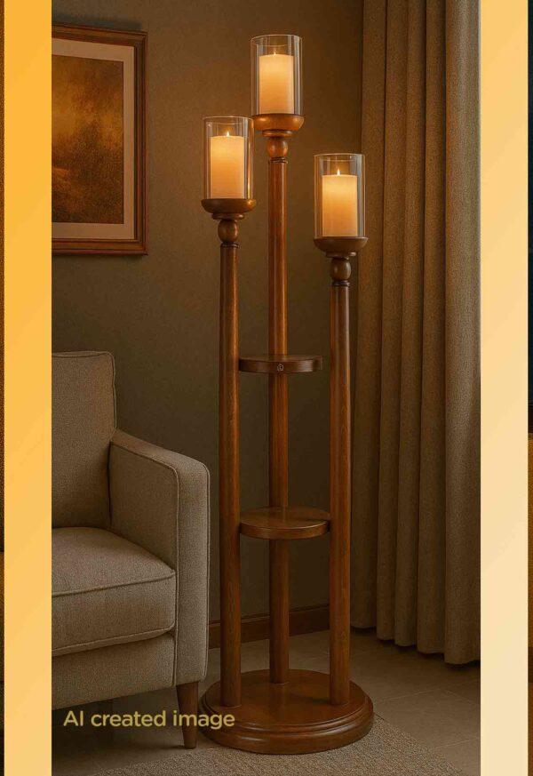 Wooden floor lamp-with three frosted-glass shades and a central wooden shelf – tall decorative lighting piece for warm modern interiors-light-on-1