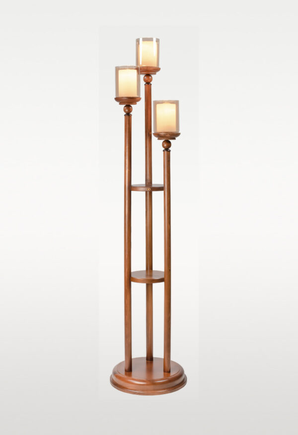Wooden floor lamp model 612A with three frosted-glass shades and a central wooden shelf – tall decorative lighting piece for warm modern interiors