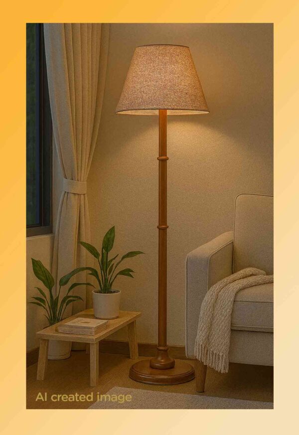 Wooden floor lamp model 613 with bamboo-inspired wooden stem and woven-texture fabric shade – classic decorative floor lamp for warm interiors-light on