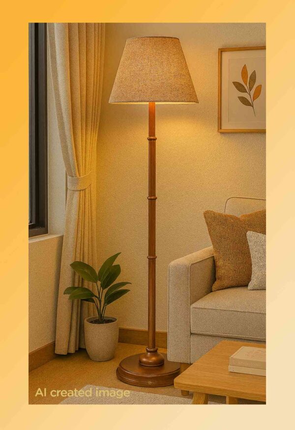 Wooden floor lamp model 613 with bamboo-inspired wooden stem and woven-texture fabric shade – classic decorative floor lamp for warm interiors-light on-1