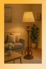 Wooden floor lamp model 614 with carved detailing, scroll-style base, and wide fabric shade – decorative traditional floor lamp for elegant interiors-with size-light-on