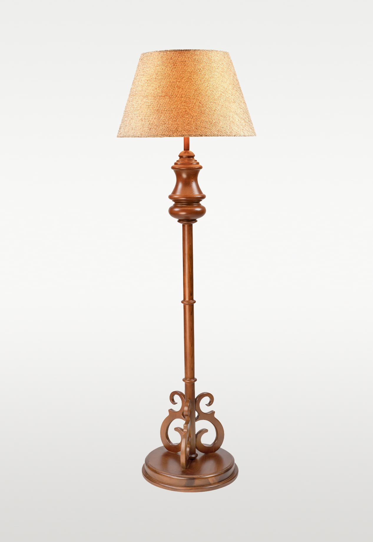 wooden-floor-lamp-model-614 Wooden floor lamp model 614 with carved detailing, scroll-style base, and wide fabric shade – decorative traditional floor lamp for elegant interiors