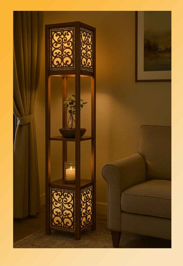 Wooden floor lamp model 615-3 with two light panels featuring scroll cut-out design and built-in wooden shelves – decorative ambient lighting for stylish interiors -light-on