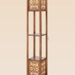 Wooden floor lamp model 615-3 with two light panels featuring scroll cut-out design and built-in wooden shelves – decorative ambient lighting for stylish interiors