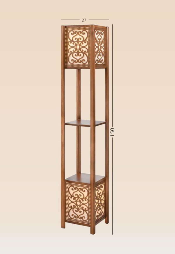 Wooden floor lamp model 615-3 with two light panels featuring scroll cut-out design and built-in wooden shelves – decorative ambient lighting for stylish interiors-with-size