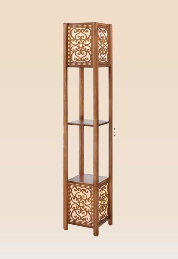 Wooden floor lamp model 615-3 with two light panels featuring scroll cut-out design and built-in wooden shelves – decorative ambient lighting for stylish interiors