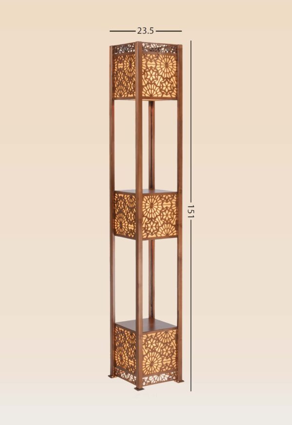 Wooden floor lamp model 631 with three illuminated panels featuring Islamic geometric patterns and open shelf design – decorative cultural lighting for refined interiors -with size