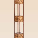 Wooden floor lamp model 631 with three illuminated panels featuring Islamic geometric patterns and open shelf design – decorative cultural lighting for refined interiors