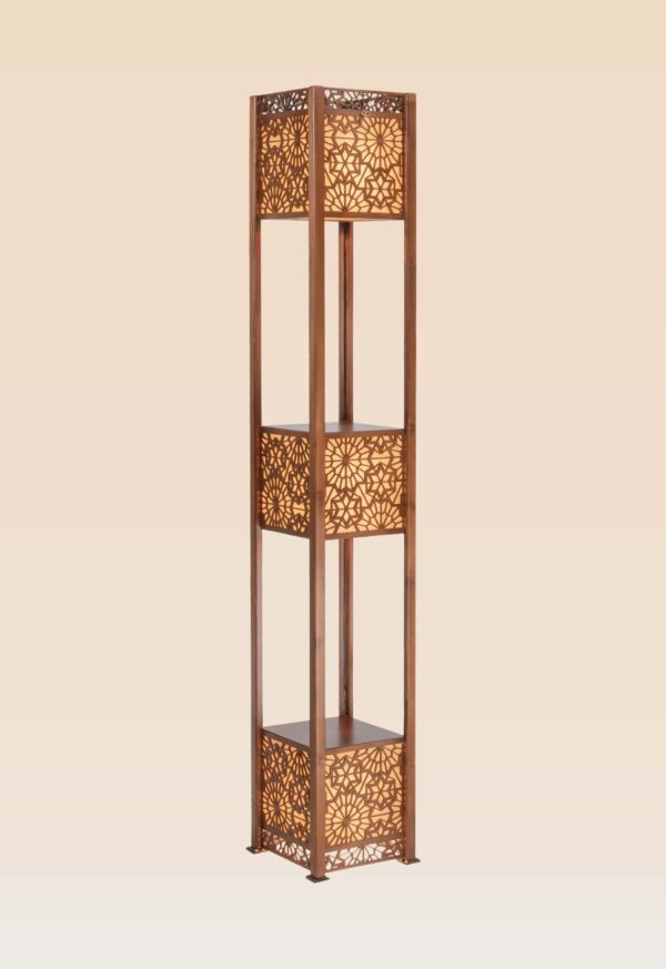 Wooden floor lamp model 631 with three illuminated panels featuring Islamic geometric patterns and open shelf design – decorative cultural lighting for refined interiors