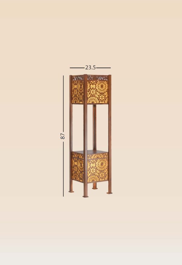 Wooden floor lamp model 631 with three illuminated panels featuring Islamic geometric patterns and open shelf design – decorative cultural lighting for refined interiors -small