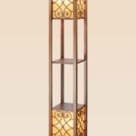 Wooden floor lamp model 633 with two illuminated scroll-pattern panels and two wooden shelves – decorative ambient lighting with functional display space