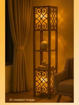 Wooden floor lamp model 633 with two illuminated scroll-pattern panels and two wooden shelves – decorative ambient lighting with functional display space-light-on