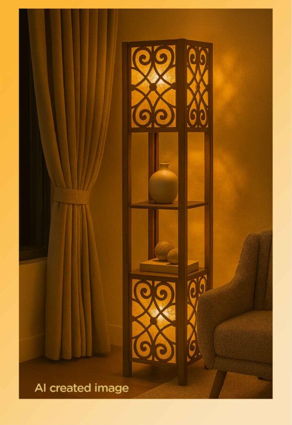 Wooden floor lamp model 633 with two illuminated scroll-pattern panels and two wooden shelves – decorative ambient lighting with functional display space-light-on