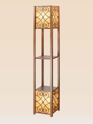 Wooden floor lamp model 633 with two illuminated scroll-pattern panels and two wooden shelves – decorative ambient lighting with functional display space