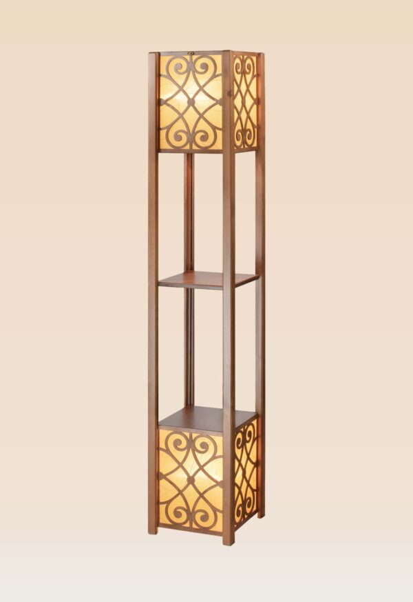 Wooden floor lamp model 633 with two illuminated scroll-pattern panels and two wooden shelves – decorative ambient lighting with functional display space