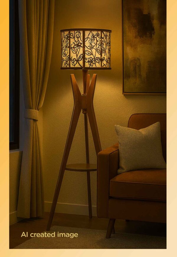Wooden tripod floor lamp model 635 with glowing floral-pattern drum shade and mid-level round shelf – artistic decorative lighting for living or bedroom use-light-on