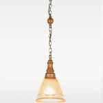 Cone-shaped star-etched frosted glass pendant with carved wooden top – Checkmark Model 36 – perfect for kitchens, cafés, and rustic interiors