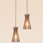 Double wooden pendant lights with frosted inner glass – Checkmark Model 41-2 – artistic hourglass design ideal for stairwells and modern interiors
