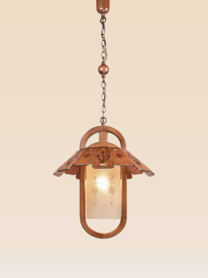 Rustic pendant light – Checkmark 42 – wood and floral frosted glass lantern with engraved canopy