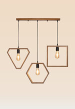 Modern geometric wooden pendant light with three hanging frames – Checkmark model 44 – featuring diamond, hexagon, and square shapes with warm filament bulbs