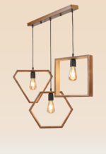 Modern geometric wooden pendant light with three hanging frames – Checkmark model 44 – featuring diamond, hexagon, and square shapes with warm filament bulbs-side view-1