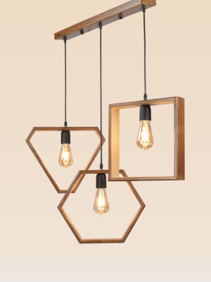 Modern geometric wooden pendant light with three hanging frames – Checkmark model 44 – featuring diamond, hexagon, and square shapes with warm filament bulbs-side view-1