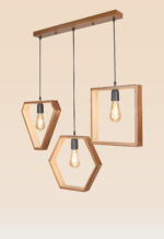 Modern geometric wooden pendant light with three hanging frames – Checkmark model 44 – featuring diamond, hexagon, and square shapes with warm filament bulbs-side view