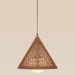 Geometric pyramid wooden pendant light with frosted globe center – Checkmark Model 39 – artisan lattice design ideal for dining rooms, bedrooms, or serene corners