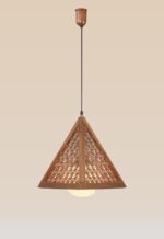 Geometric pyramid wooden pendant light with frosted globe center – Checkmark Model 39 – artisan lattice design ideal for dining rooms, bedrooms, or serene corners