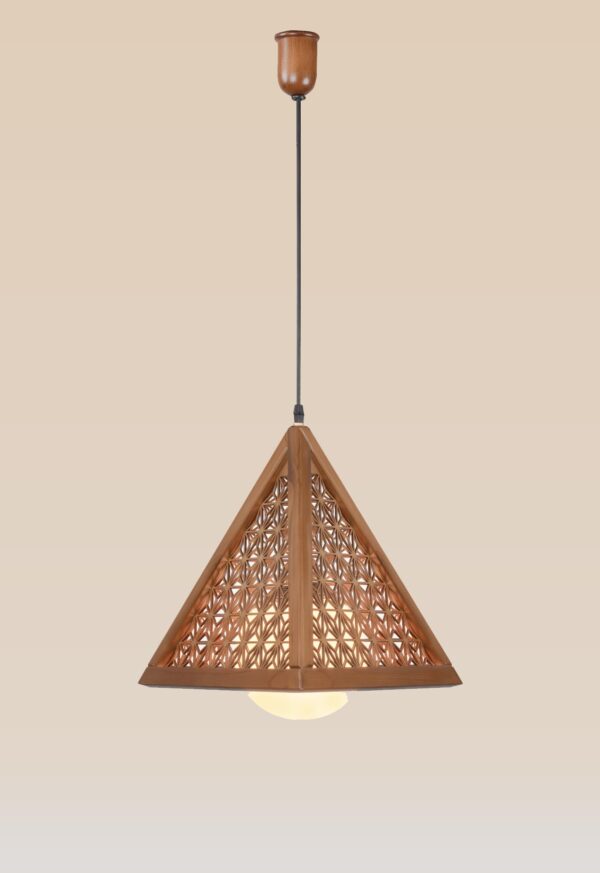 Geometric pyramid wooden pendant light with frosted globe center – Checkmark Model 39 – artisan lattice design ideal for dining rooms, bedrooms, or serene corners
