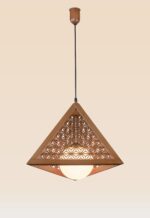 Geometric pyramid wooden pendant light with frosted globe center – Checkmark Model 39 – artisan lattice design ideal for dining rooms, bedrooms, or serene corners-side View