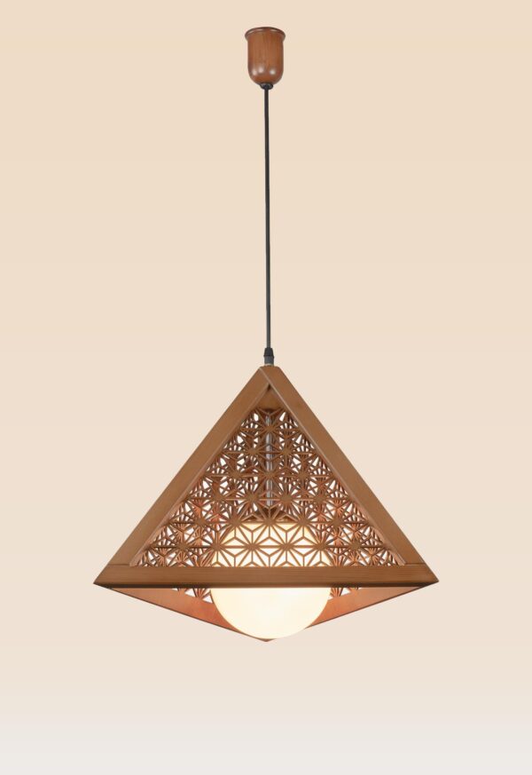 Geometric pyramid wooden pendant light with frosted globe center – Checkmark Model 39 – artisan lattice design ideal for dining rooms, bedrooms, or serene corners-side View