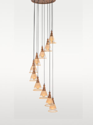 Ten-light cascading pendant lamp with frosted etched glass and wooden caps – Checkmark Model 38-10 – ideal for staircases, lobbies, and high ceilings