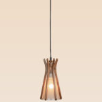 Hourglass-style wooden pendant light with frosted inner glass – Checkmark Model 41 – modern wood pendant ideal for kitchens, cafés, and serene spaces