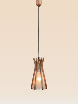 Hourglass-style wooden pendant light with frosted inner glass – Checkmark Model 41 – modern wood pendant ideal for kitchens, cafés, and serene spaces