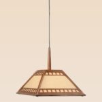Wooden pendant light with pyramid-inspired frame and warm textured panels – Checkmark model 45 – ideal for modern rustic dining rooms and cozy interiors