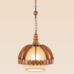 Wooden pendant light with frosted star-etched dome and petal-style carved wood frame – Checkmark Model 47 – perfect for cozy interiors and vintage-inspired rooms