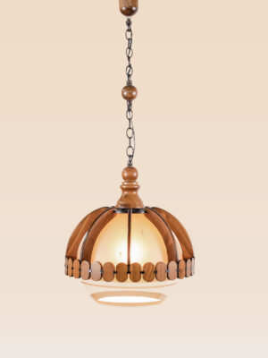 Wooden pendant light with frosted star-etched dome and petal-style carved wood frame – Checkmark Model 47 – perfect for cozy interiors and vintage-inspired rooms