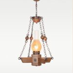 Rustic wooden pendant light inspired by antique oil lamp with etched frosted glass and chain suspension – Checkmark Model 40 – perfect for traditional homes and cozy interiors