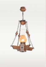 Rustic wooden pendant light inspired by antique oil lamp with etched frosted glass and chain suspension – Checkmark Model 40 – perfect for traditional homes and cozy interiors-side view