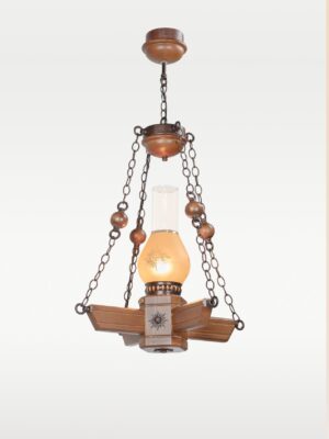 Rustic wooden pendant light inspired by antique oil lamp with etched frosted glass and chain suspension – Checkmark Model 40 – perfect for traditional homes and cozy interiors-side view