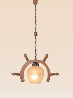 Wooden pendant light shaped like a ship wheel with patterned frosted globe – Checkmark Model 46 – ideal for rustic cafés, themed interiors, and vintage-inspired rooms