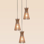 Three-drop wooden pendant light cluster with frosted inner glass – Checkmark Model 41-3 – elegant design for stairwells and high-ceiling spaces