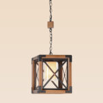 Cube-shaped wooden industrial pendant light with black metal X-bracing and frosted glass cylinder – Checkmark 43