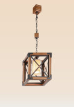 Cube-shaped wooden industrial pendant light with black metal X-bracing and frosted glass cylinder – Checkmark 43-side view