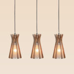 Triple pendant light – Checkmark 41h3 – wooden frame with frosted glass shades, aligned in a row from rectangular canopy